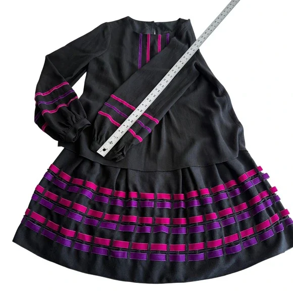 Anna Sui USA‎ Made Wool Woven Velvet Ribbon Peasant Flounce Black Pink Dress 8